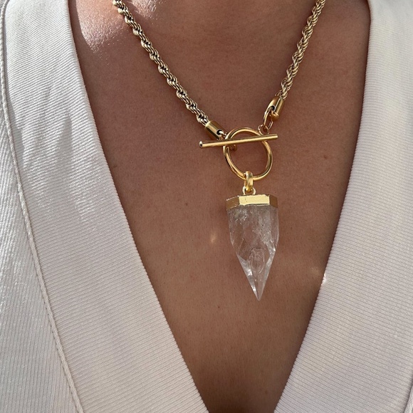 Clear Quartz Gold Bullet Necklace - rope chain quartz necklace, gold plated - Picture 1 of 3